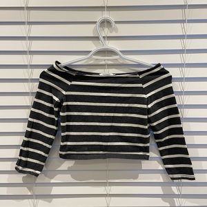 Grey & White Striped Long Sleeve Off The Shoulder Tight Shirt